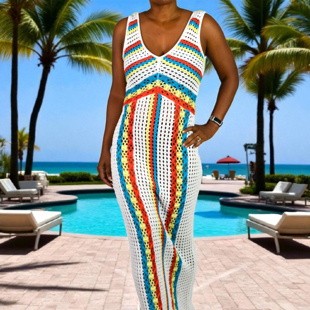 Solid Striped Aubrey Crochet Maxi Cover Up Dress White Rainbow Stripe Knit Small
